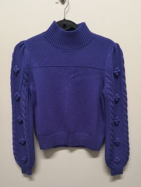 Maeve Purple Mock Neck Bobble Cable Sleeve Sweater